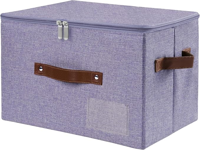 ANMINY Storage Box Fabric Bins with Zipper Lid, 15"x10"x10" Purple | Keepsake Box, Decorative, Cotton Linen, Reinforced PP Board Frame, Washable, Stackable & Foldable, Label Holder & PU Handles