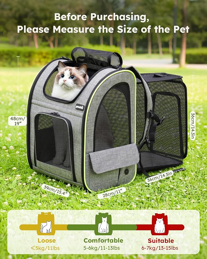 pecute Cat Backpack Expandable, Cat Carrier Backpack Breathable, Large | Durable Oxford Cloth, Lockable Zipper,Use for Pet Under 15 lbs to Travel