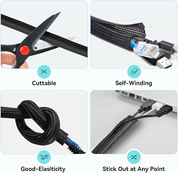 Cable Tidy Sleeve, 13mm(0.51") - 3m(9.84ft) Cable Management Tube for PC/TV, Self-Winding Wire Tidy Organiser for Home, Office(Black)