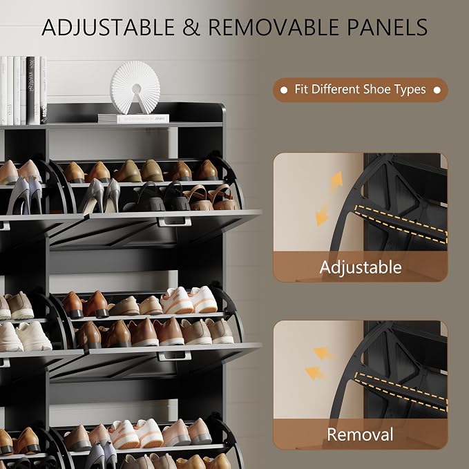 Xixini Shoe Storage Cabinet with 6 Flip Drawers, Entryway Shoe Rack, Black | Freestanding Narrow Shoe Storage, Hidden Slim Wood Shoe Organizer, Modern Farmhouse, Open Storage & Hooks for Closet, Hallway