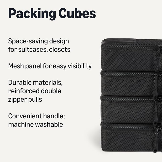 Amazon Essentials 4-Piece Packing Cubes Travel Accessories Set, Luggage Organizer with Double Zipper, Mesh Top, Space-Saving, Slim, Black (Previously Amazon Basics)