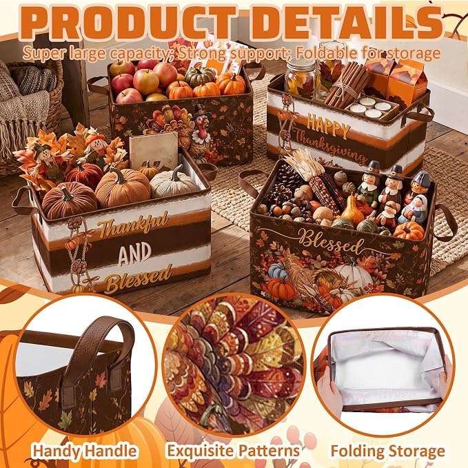 4 Pcs Fall Storage Basket for Gifts Empty Large Thanksgiving Turkey Storage Bins with Handles 15 x 10 x 8 Fabric Laundry Baskets Harvest Collapsible Organizer Boxes for Home Clothes Toys Books