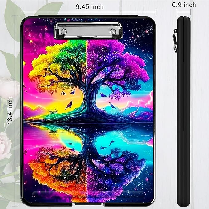 Heavy Duty Storage Clipboard, Slim Nursing Clipboard with Internal Pen Case, Portable File Organizer Case for A4 Letter Size Paper Office Medical Professionals, Purple Green Tree