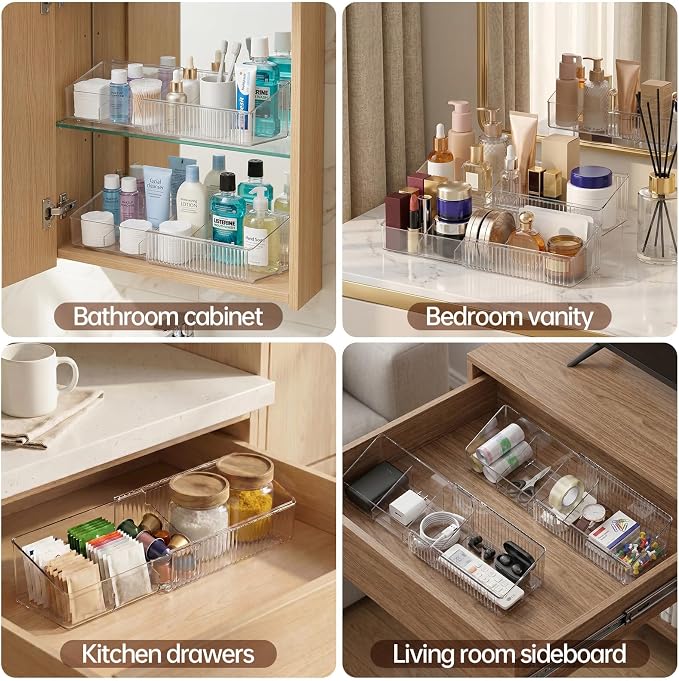Expandable Medicine Cabinet Organizer for Bathroom, 2 Pack | 8-13.5" Adjustable, 4-Compartment Makeup Tray, Clear View, Non-Slip, Raised Edges, Narrow, Fits Vanity/Countertop/Drawer