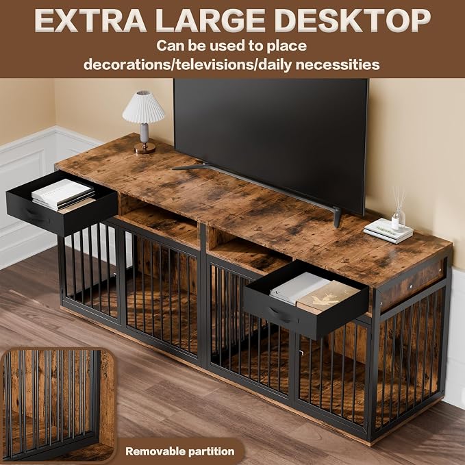 Corner Dog Crate Furniture,67" Metal Frame L Shaped Double Dog Crate Kennel with Divider and 2 Fabric Drawers TV Stand Large Breed Indoor for 2 Dogs Rustic Brown