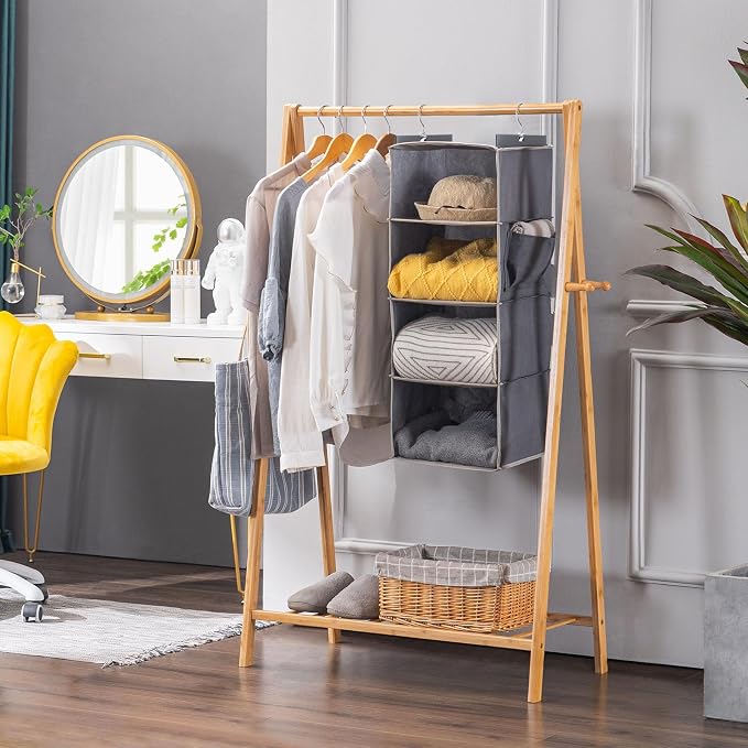 YOUDENOVA Hanging Closet Organizer and Storage for Clothes, 4-Shelf, Grey | Locker/RV/Camper Organizer, Side Pocket, Hanging Shelves for Small Closet, Dorm Room Essentials for Guys, Breathable Fabric