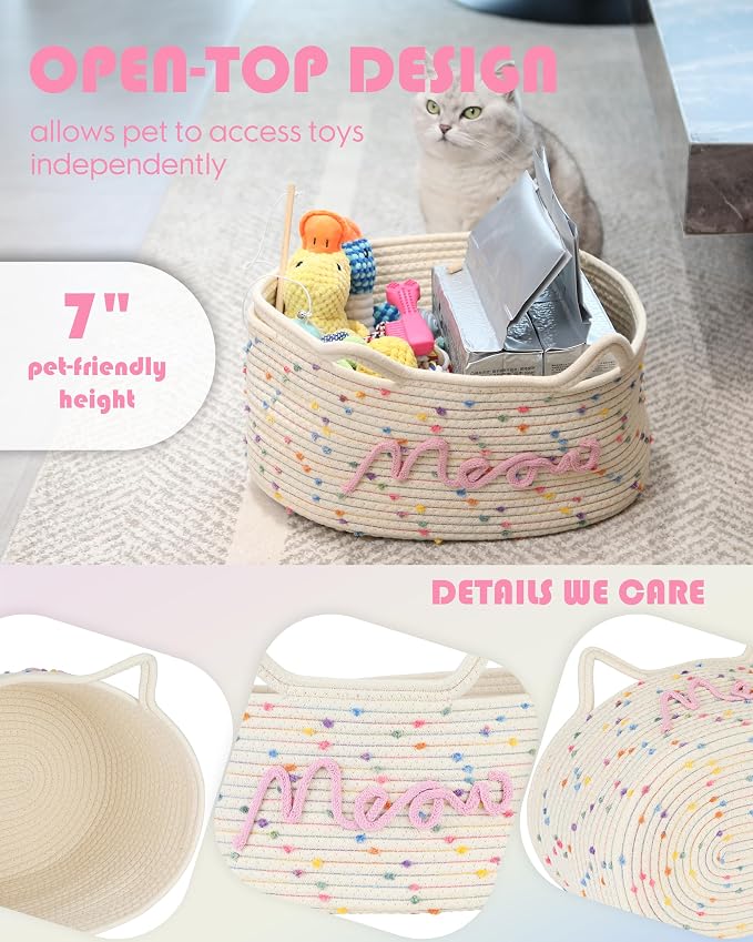 Sea Team Cat Toy Storage Basket with Handles and Ears, Rainbow Meow | Large Cotton Rope Storage Bin, Shelf Basket, Organizer for Pet Chew Toys, Foods, 16.5 x 11 x 7 Inches, 4.4 Gallons