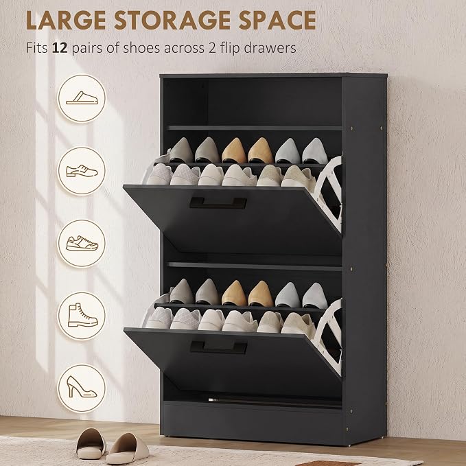 HOMCOM Shoe Cabinet with 2 Flip Drawers, Open Shelf, up to 12 Pairs, Black | Narrow Storage Cabinet, Adjustable Dividers, Entryway Shoe Storage Unit, for Hallway