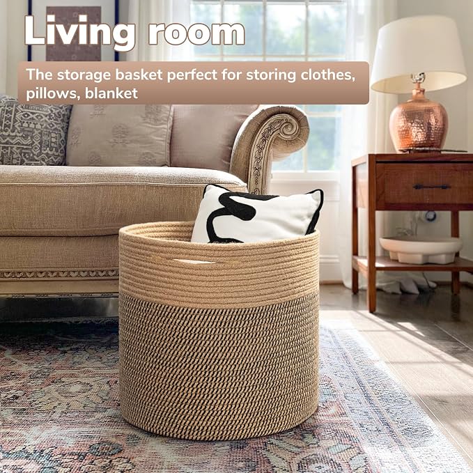 Goodpick Wicker Basket for Blankets Fit Nursery & Living Room, 45L | 15.8 x 15.8 x 13.8 In Storage Basket for Toys Shoes, Cute Baby Laundry Hamper for Towels, Clothes, Jute