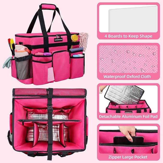 Large Rolling Cleaning Caddy Bag, Cleaning Caddy with Wheels with Detachable Trolley for Housekeepers, Water Resistant Cleaner Supplies Organizer with Wheels for Kitchen, Car, Picnic (Rose-Red)