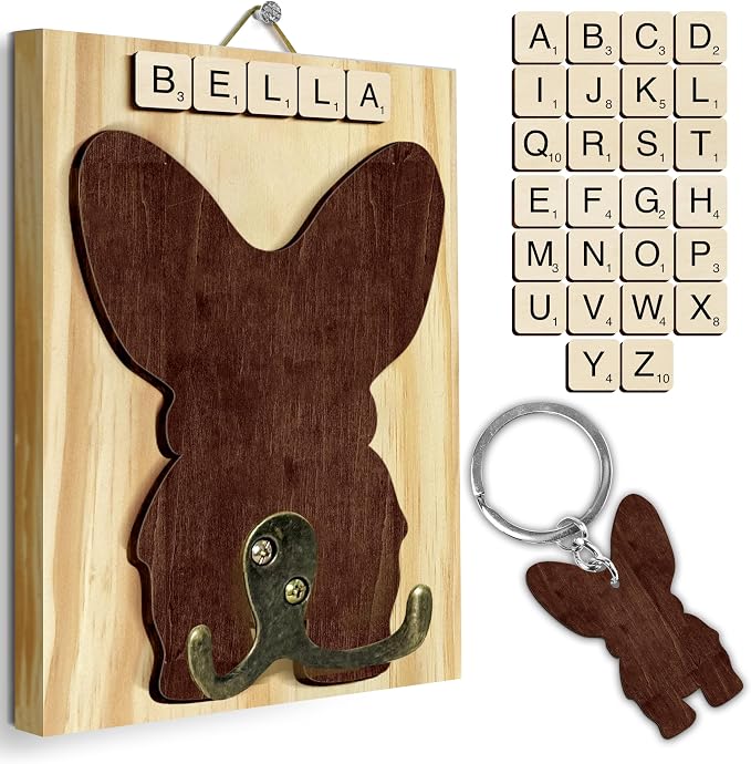 Corgi Dog Leash Holder Wall Mount with Scrabble Letters, Wooden Dog Wall Hook Organizer, Pet Collar and Harness Holder, Entryway Key Hook and Leash Rack, Pet Lovers Gift Decor PF297-29