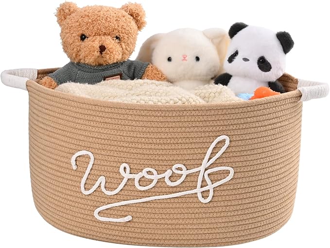 Woof Dog Toy Basket, Large Dog Toy Storage Bin with Durable Handles, Woven Dog Basket for Blankets, Toys, Chews, Pet Toy Storage Box for Nursery, Living Room, Bedroom, 17”x12”x9, Beige
