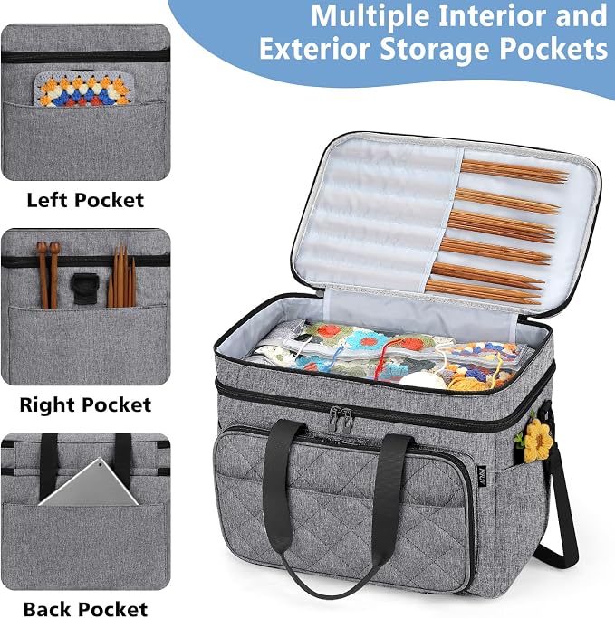 Crochet Organizer Bag with Yarn Holder, Large Yarn Storage for Accessories | 3PCS Crochet Knitting Bag with Accessory Pouch for Hooks, Needles, Travel Tote, Crochet Lovers, Gift for Crafters, No-Tangle