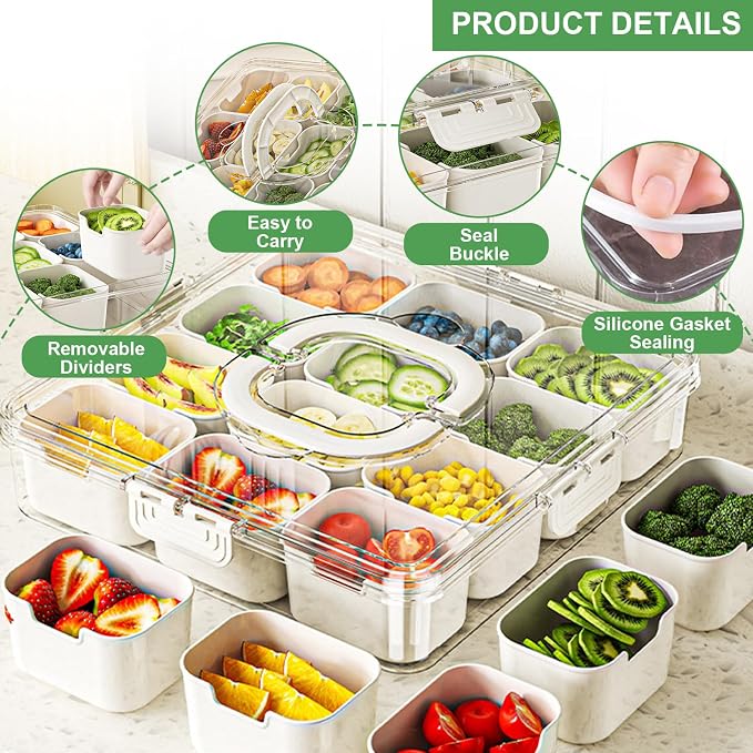 Large Snackle Box Snack Containers with Lids, 2 Pcs Divided Serving Tray | Portable Snack Platter Fruit Veggie Tray Snackele Box Container for Charcuterie, Party, Snack, Nuts, Beach, Travel, Picnic