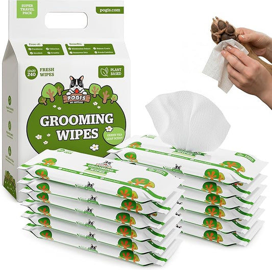 Pogi’s Dog Wipes Travel Packs – Hypoallergenic Pet Wipes for Paws, Body & Butt – Cleaning & Hydrating, Green Tea Scent, 240-Count