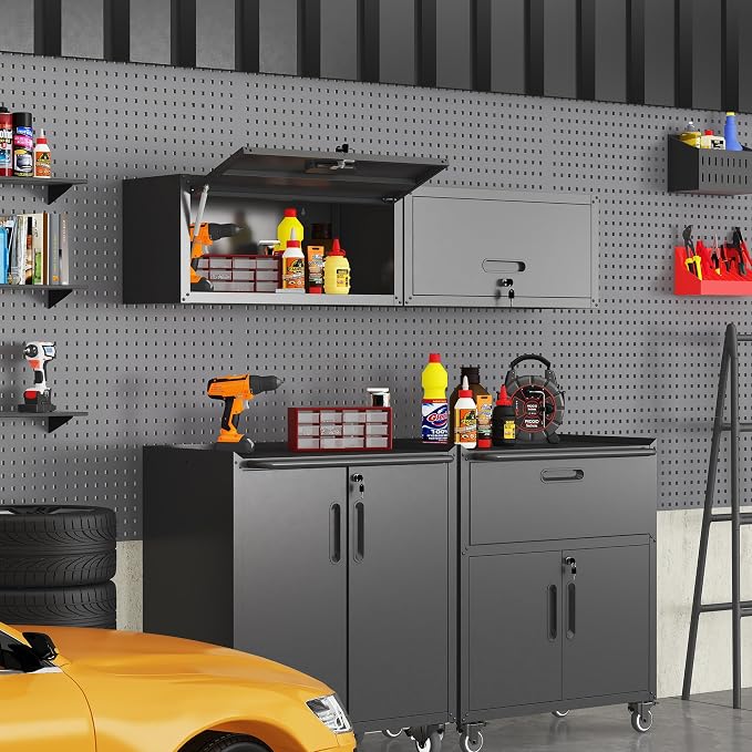 Metal Wall Cabinet,Wall Mounted Garage Cabinets with Lockable Up-Flip Door,Black Hanging Storage Cabinet 130 lbs Capacity,Floating Cabinet for Tool Organization in Basement,Workshop,Kitchen