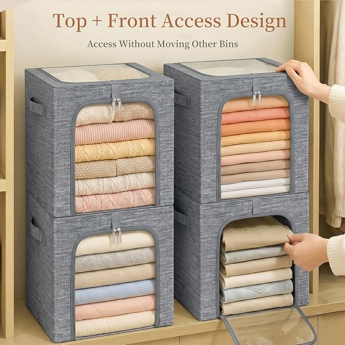GoMaihe Blanket Storage Bins with Metal Frame for Closet, 55L 6-Pack Grey | Clothing Bedding Winter Coat Comforters , Closet Top Shelf, Collapse-Proof Stackable, See Through, Dual Access Space Saving