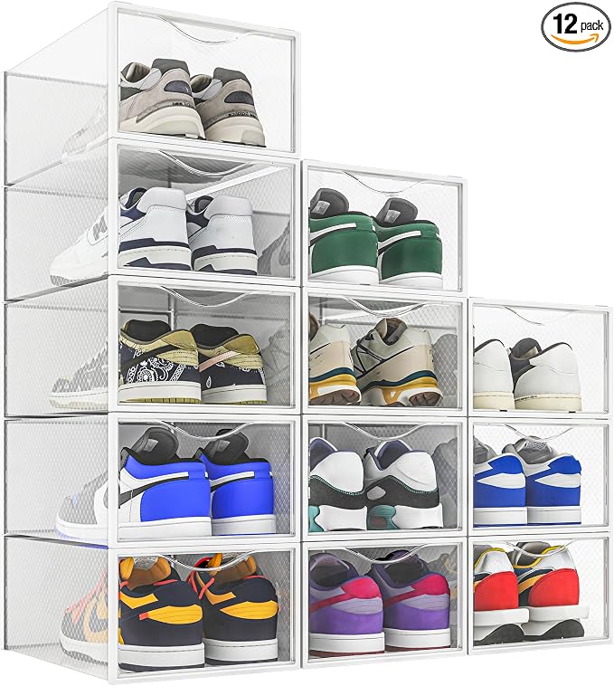Seseno 12 Pack Shoe Storage Bins, Clear Plastic Stackable Shoe Organizer for Closet, Space Saving Foldable Shoe Rack, Shoe Box Sneaker Holder Container