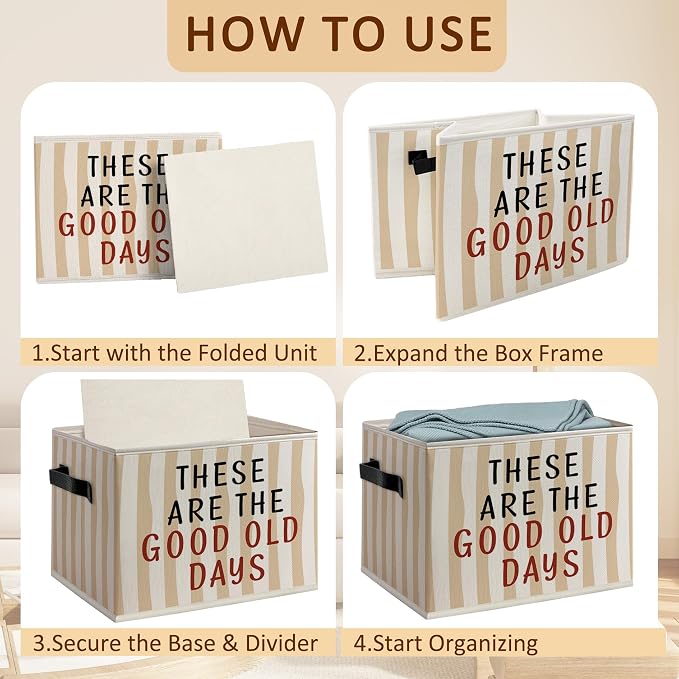 Inspirational Foldable Storage Bins Box with Handles, Motivational These Are the Good Old Days Neutral Striped Decorative Storage Boxes Baskets Toybox Organizer for Bedroom Bathroom