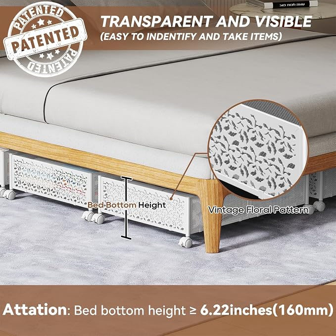 Under Bed Storage with Wheels,Patterned,Sturdy Metal,4 Pack,White | Tool-free assembly, glide smoothly, easy reach, foldable, maxmazie low-profile beds, dorm, keep seasonal clothes, shoes fresh