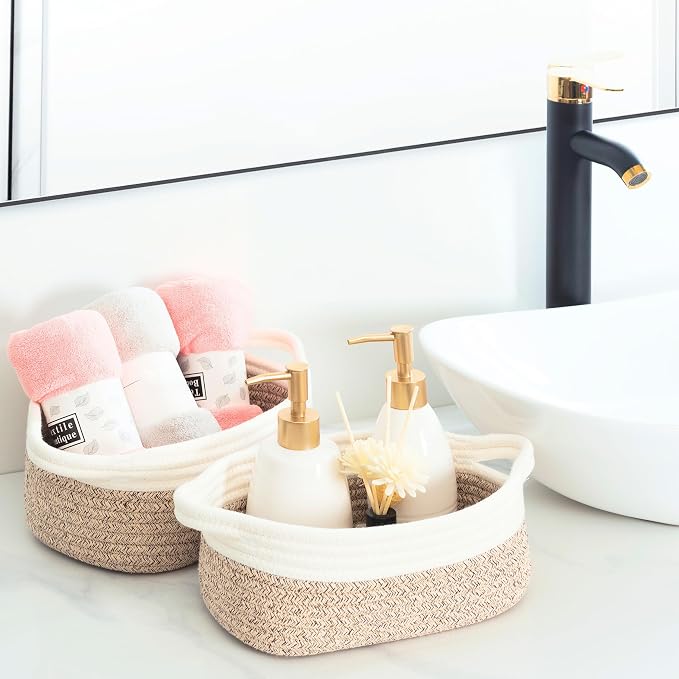 5-Piece Small Decorative Woven Storage Baskets Set for Shelves, Bathroom, Pantry and Nightstand Organizer, Catch All Tray for Organizing Gifts, Dog and Cat Toys, Light Brown