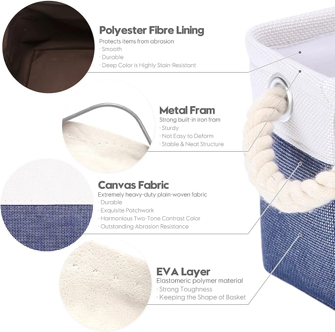 Sea Team Compact Rectangle Canvas Open-Top Storage Baskets, 3-Pack | Collapsible Fabric Storage Bins with Handles, Closet Shelf Organizers, 12 x 8 x 5 Inches, Denim & White