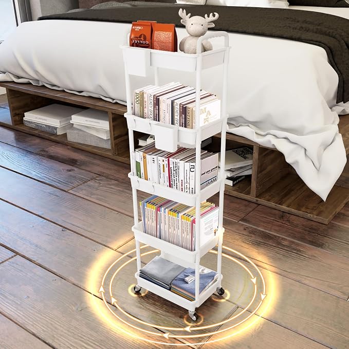 5 Tier Rolling Utility Cart with Handle,REBECAT Utility Cart Made of Multifunctional Storage Organizer Tool for Kitchen,Bathroom,Living Room,Office(White)