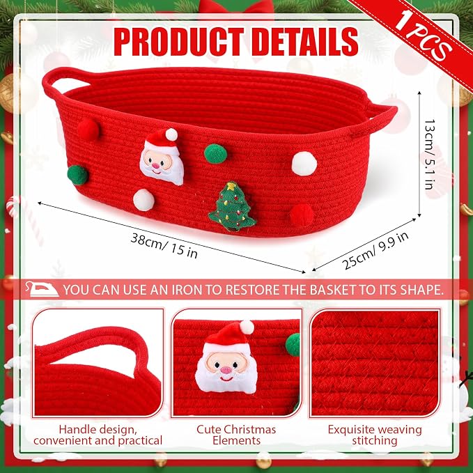 FoldTier 1 Pack Christmas Gift Basket Empty 15 x 9.9 x 5.1 Inch Santa Red Christmas Storage Bin with Handles, Woven Cotton Rope Basket for Gifts Holiday Treats Party Supplies, Home Xmas Decorations