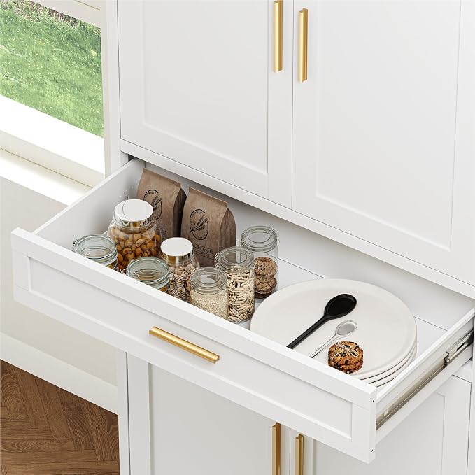 YAUWOH 71''Tall Kitchen Pantry Cabinet with Drawer,6-Tiers Metal Pantry Storage Cabinet with 4 Adjustable Shelves and 4 Barn Doors, Freestanding Farmhouse Food Cupboard for Dining Room (1PC,White)