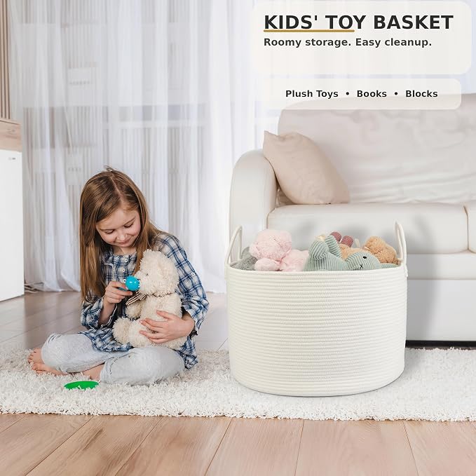XUANGUO 66L Large Blanket Basket, Round Cotton Rope Basket, White | 20" x 13" Laundry Basket with Sturdy Handles for Blankets, Pillows and Toys; Storage for Living Room, Bedroom and Nursery