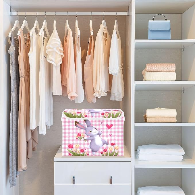 Rabbit Garden Fabric Storage Bins with Lid Closet Storage Basket 40L | Decorative Storage Boxes, Dust-Proof Flip Top, Reinforced Handles, For Home & Bedroom, Clothes & Toy Box, Rabbit Cute Print