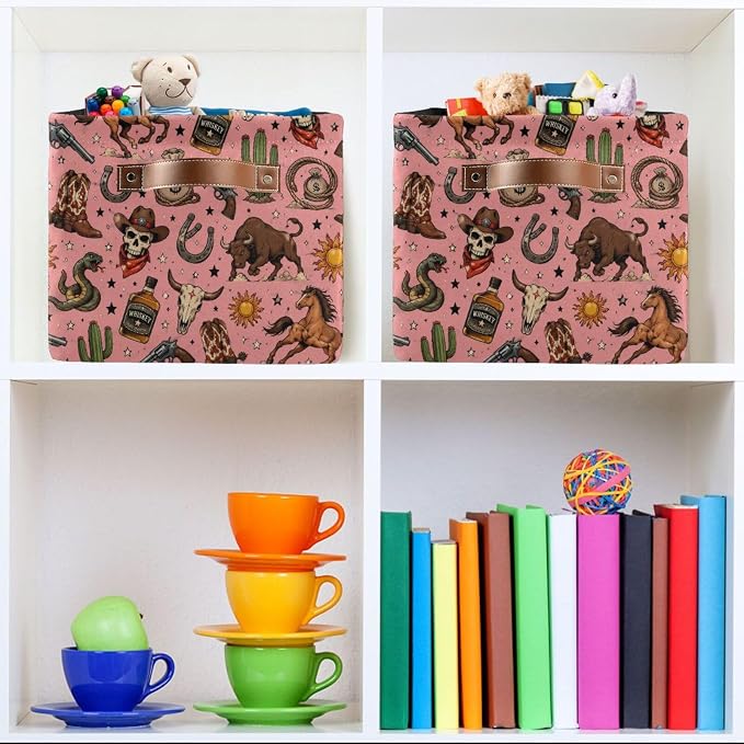 Kigai Storage Basket, Fabric Collapsible Closet Organizer Bin | Western Print Waterproof Foldable Canvas Basket with Handles for Shelves, Nursery, Closet, Bedroom & Bathroom