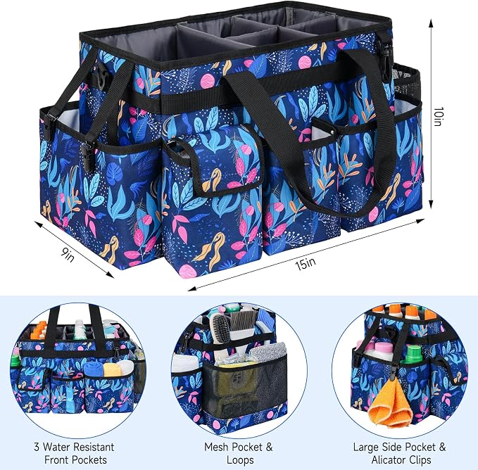 Cleaning Organizer, Large Caddy Bag for Supplies, Housekeeper's Bag with Handle (Blue Leaf)