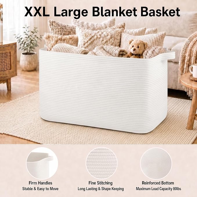 OIASKET 118L Extra Large Blanket Basket Living Room, 24.8"x17.7"x16.2" | Woven Rope Baskets for Storage, Nursery Blanket Storage for Living Room, Toy Basket with Handle Organizing Comforter Pillows