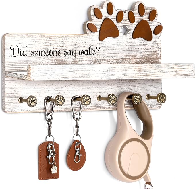 MTERSN Dog Leash Holder for Wall with Shelf for Dog Food & Leash, White | 3D Dog Paw Six Hooks, Adorable Key Rack, Wooden Wall Organizer with Shelf, Pet Leash Storage, Cute Home Accent for Wall Decor