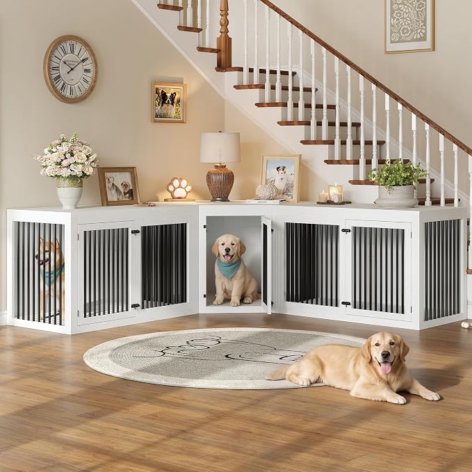 AMERLIFE Dog Crate Furniture for Medium/Large Dogs with Storage and Divider | 3-in-1 Corner Dog Kennel, Space-Saving Heavy Duty Large Cage, White