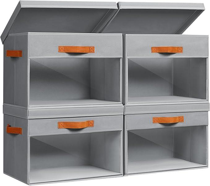 Large Storage Bins with Lids - 4 Pack Foldable Decorative Organizers with Clear Windows & Handles, Cube Storage Organizers for Clothes, Blankets, Sweaters, Sheets, Grey
