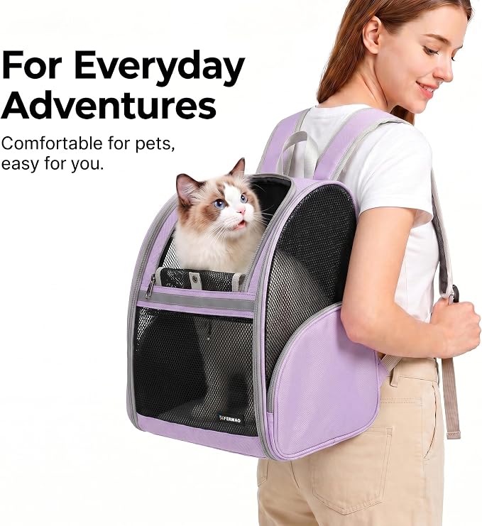 Cat Backpack Carrier for Small Dogs and Medium cat Puppy Kitten Bunny Pet Carrier Backpack Collapsible with Fully Ventilated Mesh with Safety Leash (Purple, 12.9" L x 10.62" W x 15.5" H - M)