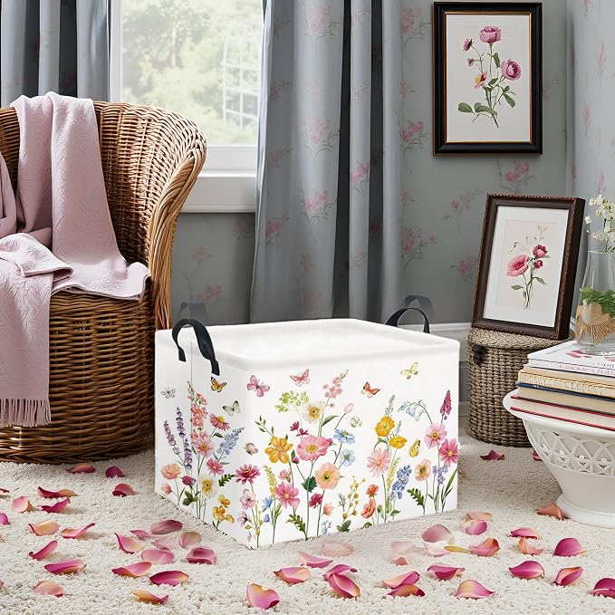 Rectangular Baby Girls Basket Kids Baby Storage Basket Cute Storage Bin Organizer Shelf Book Flower Room Decor(Butterfly Flower)