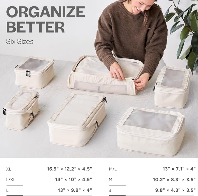 Compression Packing Cubes for Travel, 6-Pack, Beige | Solves overpacking, 6-Piece set fits most suitcases, 50% Space savings, Compression luggage organizer bags