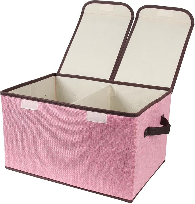 Foldable Fabric Storage Box, 16.5 x 11.8 x 9.8 inches (L x W x H), with Double-Lid & Dividers, Large Organizer for Home, Closet, Office(Pink)