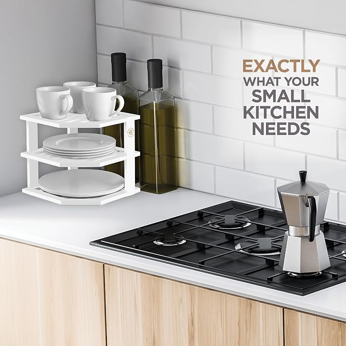 White Plate Organizer for Cabinet - 3 Tier Bamboo Corner Cabinet Organizer Shelf for Plates Bowls Mugs Cups, Kitchen Cabinet Organizer, Cabinet Shelf Organizer, Countertop Rack, 10 x 10 x 9.5 Inch
