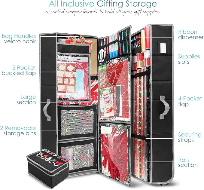 Hearth & Harbor Holiday Storage with Extra 2 PC of Christmas Storage Bins and Ribbon Storage Organizer - Fade Resistant Wrapping Paper Storage Containers with Wheels Fits Up to 30 Rolls of 40" Length