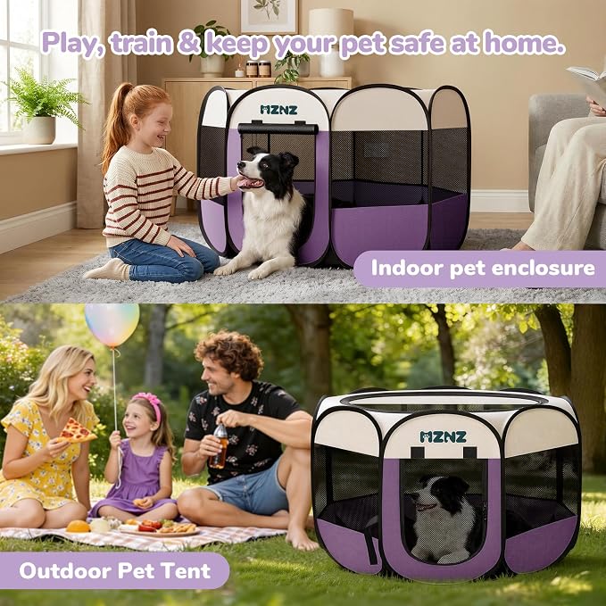 Dog Cat Small Animal Puppy Playpen Crate, Large, Purple | Portable Pop Up Pet Cage Enclosure Tent Kennel Indoor Outdoor with Carrying Case, No Assembly, Camping Use