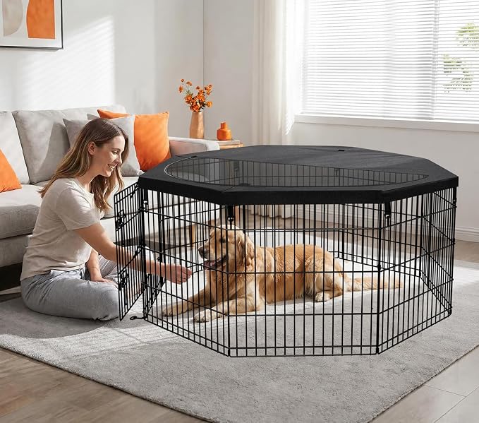 PETIME Foldable Metal Dog Exercise Pen/Pet Puppy Playpen Kennels Yard Fence Indoor/Outdoor 8 Panel 24" W x 24" H with Top Cover