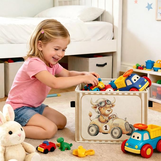 Race Car Highland Cow Beige Stripe Foldable Fabric Storage Bin | Highland cow race car and beige stripe design; collapsible bin for toys, books, clothes in kids room, nursery or playroom.