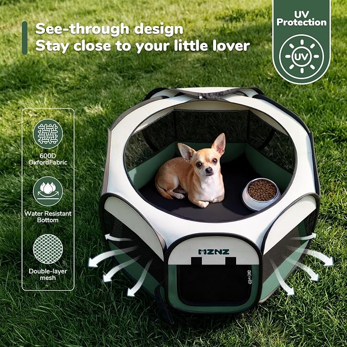 Dog Cat Small Animal Puppy Playpen Crate, Small, Dark Green | Portable Pop Up Pet Cage Enclosure Tent Kennel Indoor Outdoor with Carrying Case, No Assembly, Camping Use