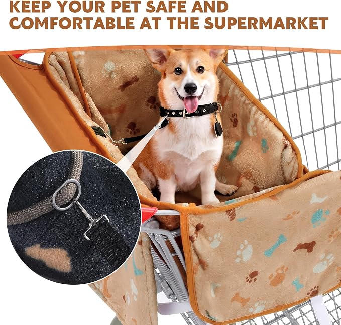 Soft Velvet Shopping Cart Cover for Dogs, Plush Pets Grocery Cart Cover with Safety Ropes, Portable and Easy-on Stretch Design for Shopping Carts with Carry Bag(Orange Print)