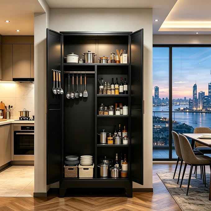 71" H Broom Closet Storage Cabinet,Metal Garage Storage Cabinets,Utility Cabinet,Black Storage Cabinets