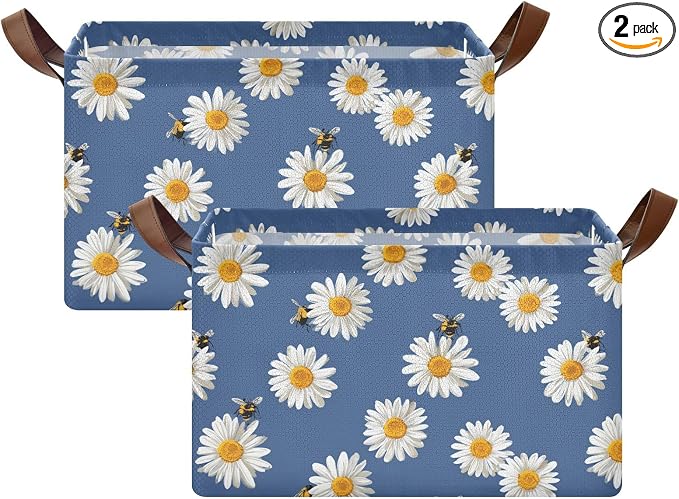 Daisy and Honey Bee Flower Blue Storage Basket Foldable Cube Storage Bins with Handles&Label Waterproof Organizer Box Bin Large Rectangle Decorative Baskets for Shelves Home Room Laundry-2 Pack